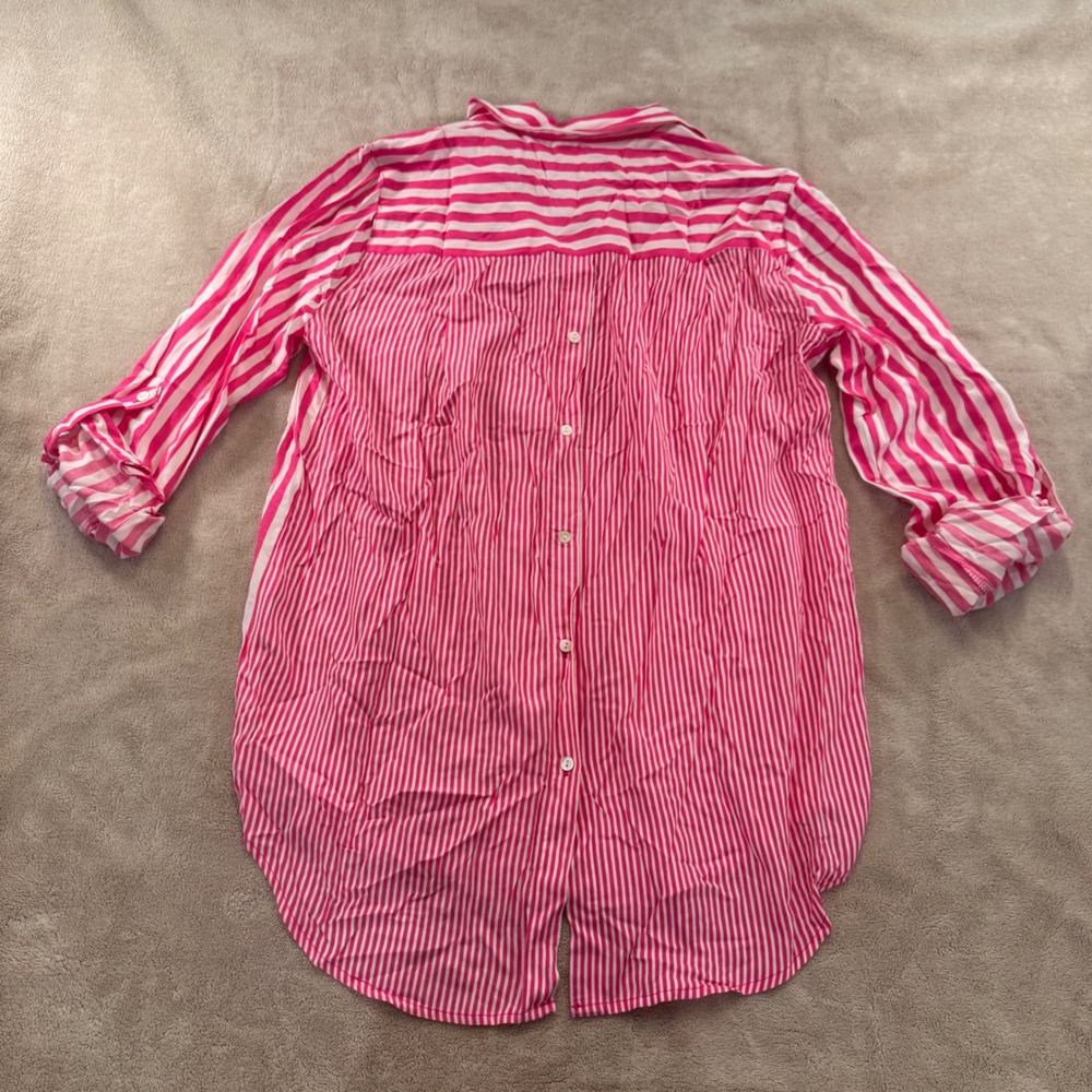Coastal Preppy Stripe Button Front‎ Tunic Pink Shirt Beach Resort Sz S - Picture 8 of 9